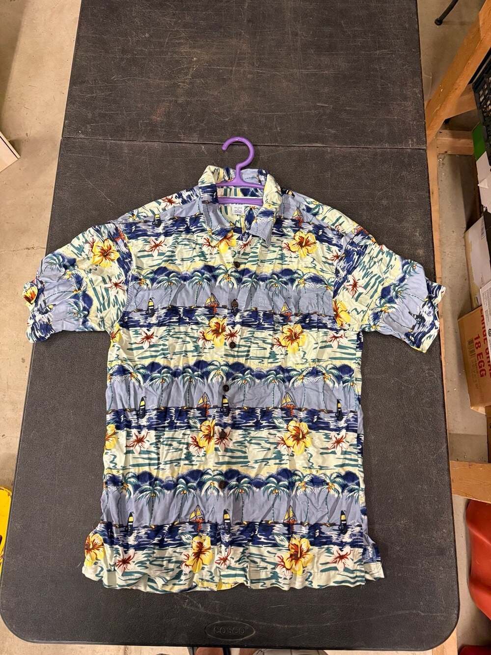 Utility Tropical Sailboat and Hibiscus Print Short Sleeve Rayon Button-Down Shir